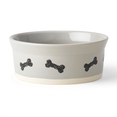 Dog bowl with black bone patterns on a white background at Harmony Pet Supplies, Scarborough