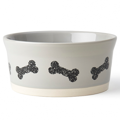 A gray ceramic pet bowl with a cream-colored base and a black bone pattern printed around the exterior at Harmony Pet Supplies, Scarborough.