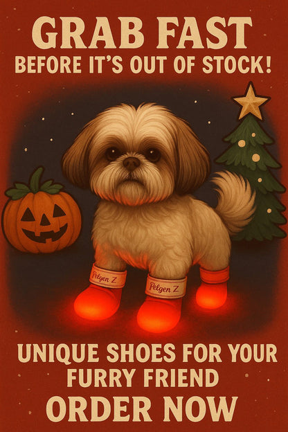 Promotional poster with a dog wearing glowing shoes, pumpkins, and a Christmas tree on a red background.