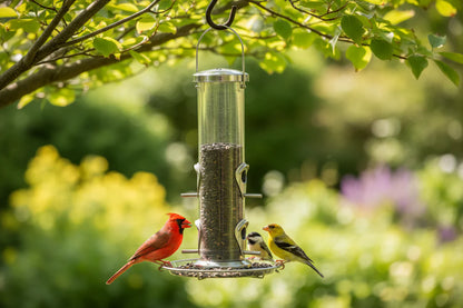 Birds perched on a bird feeder hanging from a tree in a garden setting feeding on Sunflower seeds at Harmony Pet Supplies, Scarborough.
