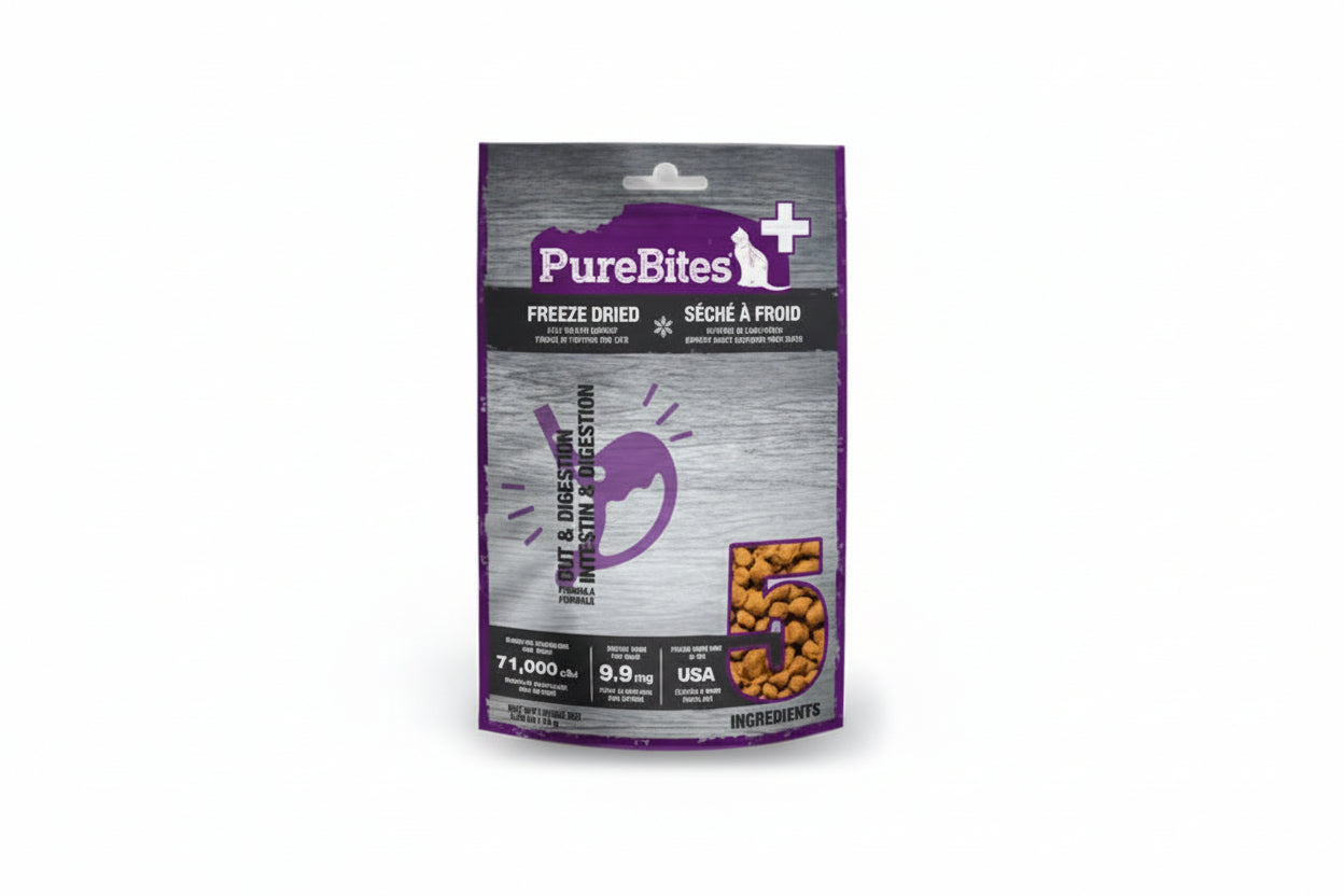 PureBites freeze-dried gut and digestion pet food package on a white background at Harmony Pet Supplies Scarborough