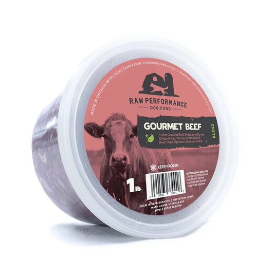 Container of Raw Performance Gourmet Beef dog food on a white background