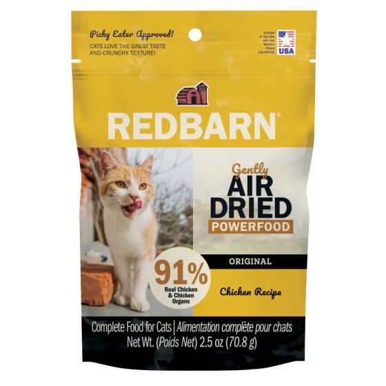 Redbarn air dried cat food package with a cat on a yellow background at Harmony Pet Supplies, Scarborough