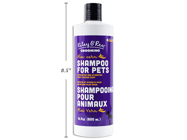 Riley and Rex aloe vera Pet shampoo bottle with purple label on a white background at Harmony Pet Supplies, Scarborough