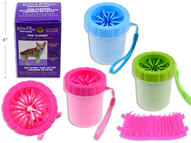Set of paw cleaning tools with pink, green, and blue containers on a white background at Harmony Pet Supplies, Scarborough.