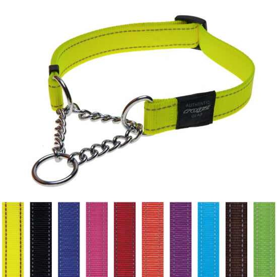 Yellow dog collar with chain and key ring on a white background, with color swatches below at Harmony Pet Supplies, Scarborough