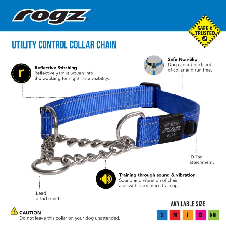 Blue dog collar with chain and rogz branding on a white background at Harmony Pet Supplies, Scarborough