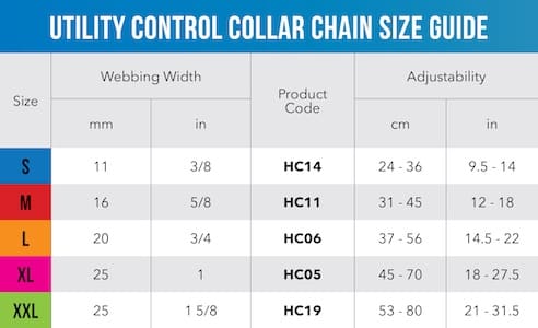 Utility control collar chain size guide with webbing width, product code, and adjustability details at Harmony Pet Supplies, Scarborough