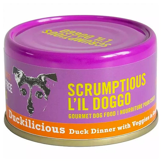 Can of Scrumptious L'il Doggo gourmet dog food with purple lid and label.