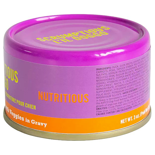 Purple pet food can with yellow and orange text on a white background