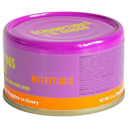 Purple pet food can with yellow and orange text on a white background