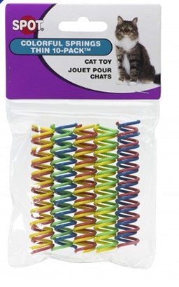 Pack of SPOT colorful thin springs cat toy with a cat on the packaging, front