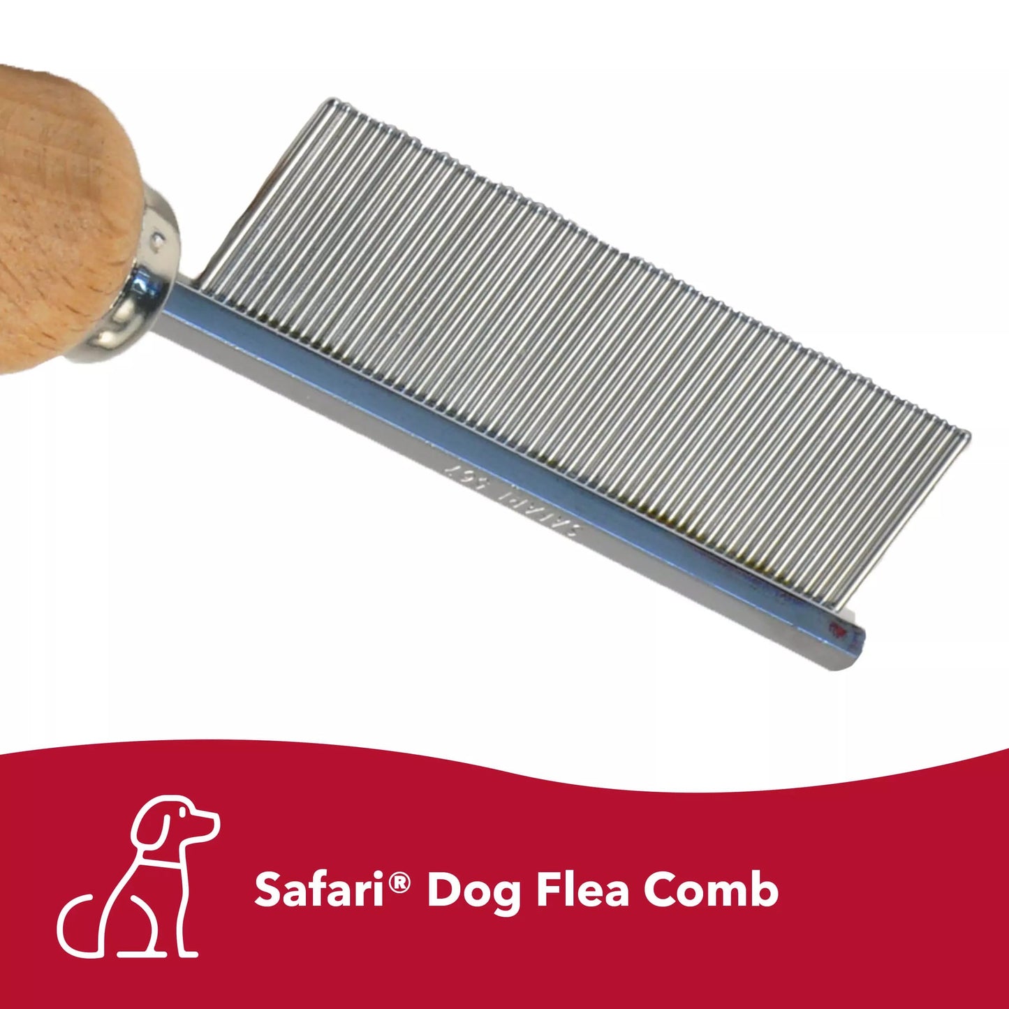 Dog flea comb with wooden handle on a white background, featuring the Safari brand.