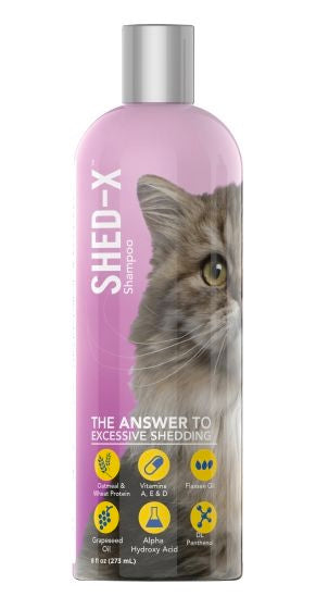 SHED-X cat shampoo bottle with a cat's face on the label against a white background - Harmony Pet Supplies
