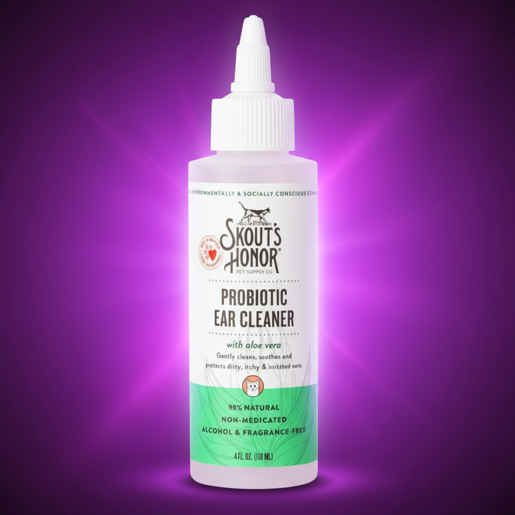 Bottle of Skout's Honor Probiotic Ear Cleaner on a light green background