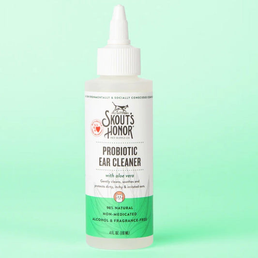 Bottle of Skout's Honor Probiotic Ear Cleaner on a light green background