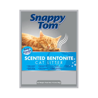Snappy Tom scented bentonite cat litter packaging with a cat illustration on a white background at Harmony Pet Supplies, Scarborough