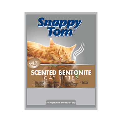 Snappy Tom scented bentonite cat litter packaging with a cat on a white background at Harmony Pet Supplies, Scarborough