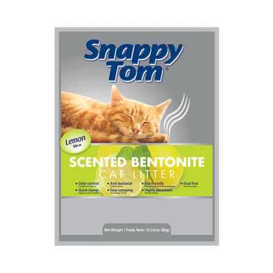 Snappy Tom scented bentonite cat litter packaging with a cat illustration on a white background at Harmony Pet Supplies, Scarborough