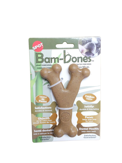 Bam-Bones dog chew toy packaging on a beige surface at Harmony Pet Supplies Scarborough
