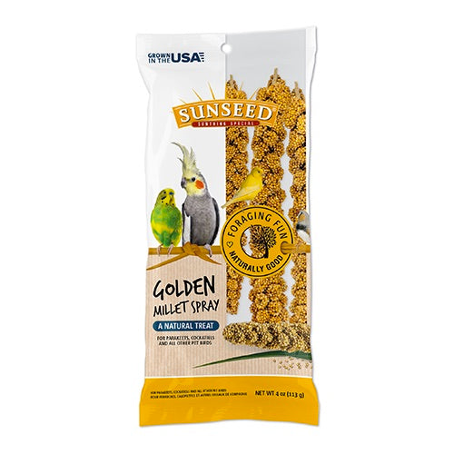 Sunseed Golden Millet Spray packaging with pet birds on a white background, Front