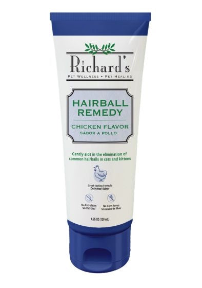Tube of Richard's Hairball Remedy for Cats and Kittends on a white background, front.