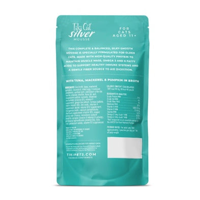 A pouch of Tiki Cat Silver cat food showing ingredients on a white background at Harmony Pet Supplies Scarborough