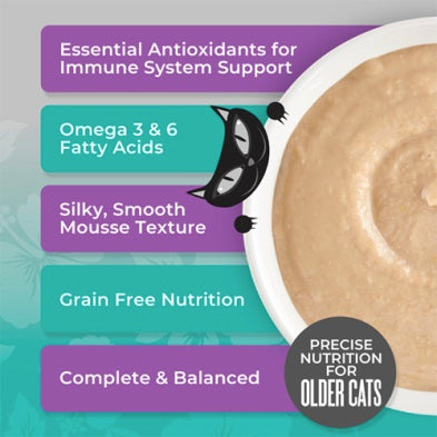 Tiki Cat Silver Mousse Cat food product with text highlighting benefits like antioxidants, omega fatty acids, smooth texture, grain-free nutrition, and complete balanced diet at Harmony Pet Supplies Scarborough