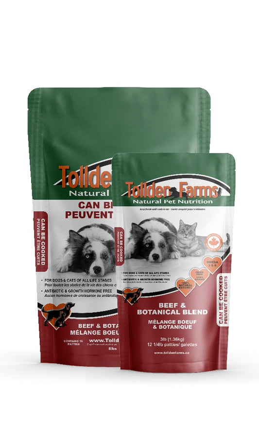 Two packages of Tollden Farms natural pet food on a white background