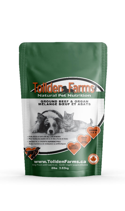 Tolliden Farms pet food package of Beef and Organ on a white background