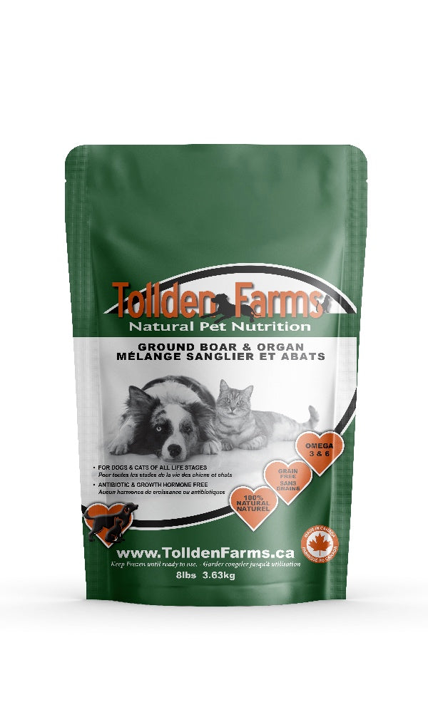 Tolliden Farms natural pet nutrition product packaging of boar and organ on a white background