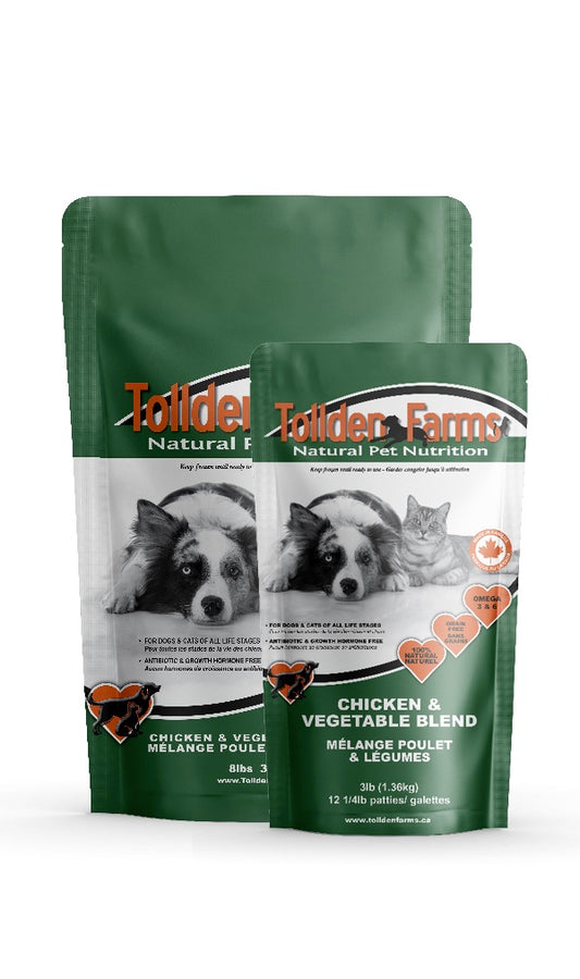 Two packages of Tollden Farms natural pet nutrition on a white background