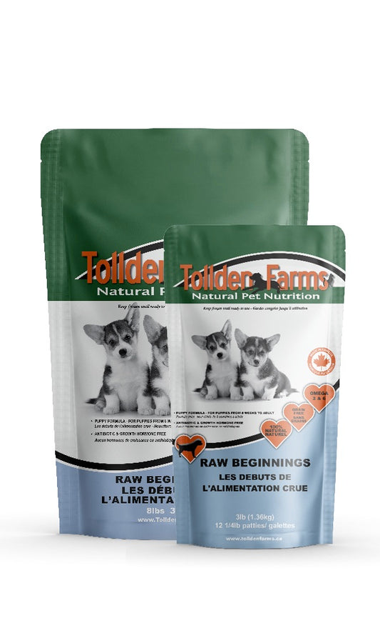 Two packages of Toddler Farms natural pet nutrition puppy food on a white background