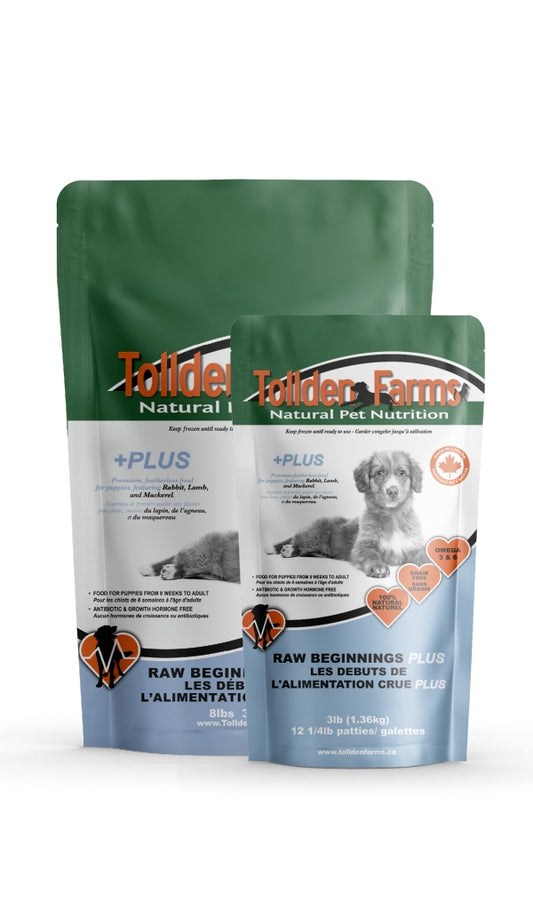 Two packages of Toller Farms natural pet food puppy plus on a white background