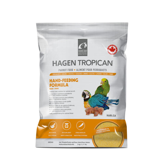 Hagen Tropican parrot food package on a white background