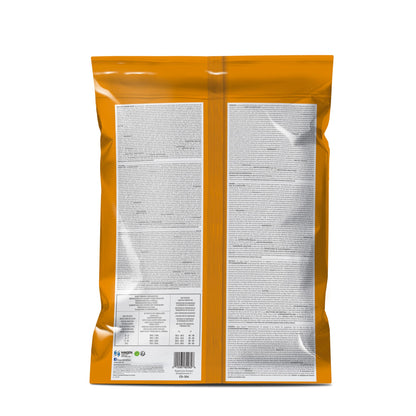 Orange packaging with a white label on a white background