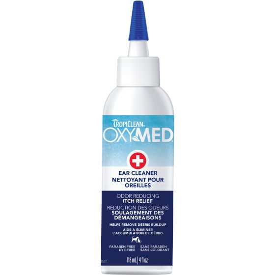 Tropiclean OxyMed Ear Cleaner bottle with a white body, blue cap, and blue and white label, on a white background at Harmony Pet Supplies, Scarborough.