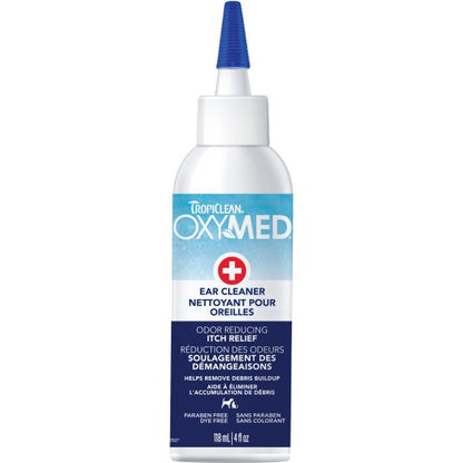 Tropiclean OxyMed Ear Cleaner bottle with a white body, blue cap, and blue and white label, on a white background at Harmony Pet Supplies, Scarborough.