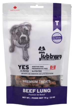 Tubby K9 premium beef lung dog treats packaging with a dog illustration on a white background at Harmony Pet Supplies Scarborough 