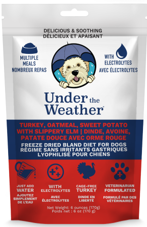 A bag of Under the Weather dog food on a plain white background. The packaging is white, blue, and red, featuring a cartoon dog wearing a blue helmet and a photo of a real dog on the front at Harmony Pet Supplies, Scarborough.