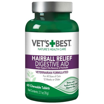 Vet's Best Hairball Relief Digestive Aid supplement bottle for cats, featuring a green bottle, white and purple label, and silver cap at Harmony Pet Supplies, Scarborough.