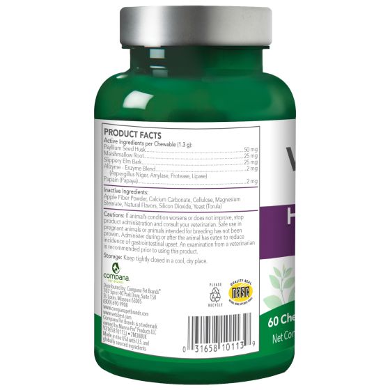 A green supplement bottle with a white cap, showing the back of the label with product facts, ingredients, and a barcode on a white background at Harmony Pet Supplies, Scarborough.