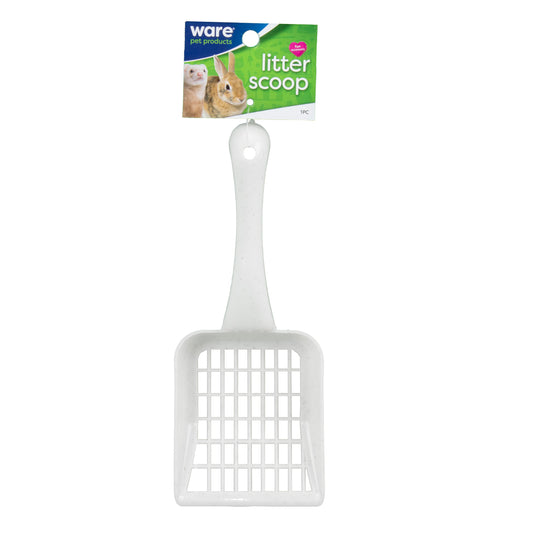 A white plastic cat litter scoop with a handle, shown with its retail header card packaging on a plain white background. The packaging features the brand name 'ware' and images of a cat and a rabbit at Harmony Pet Supplies, Scarborough