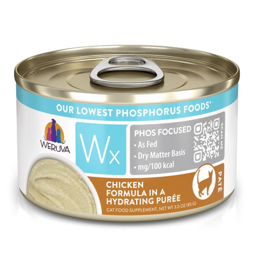 Can of Weruva Wx cat food with chicken formula on a white background