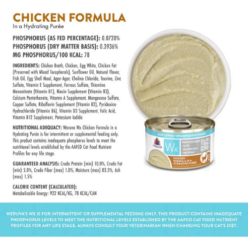 Cat food product label with chicken formula details and a can of cat food.