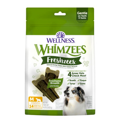 Wellness Whimzees Freshzees Medium dog treat package on a white background