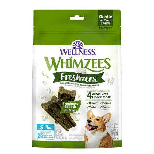 Wellness Whimzees Freshzees dog treat package on a white background