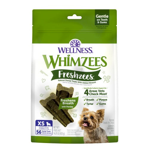 Wellness Whimzees Freshzees dental treats packaging for dogs on a white background