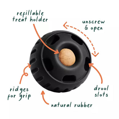 Woof Power chewer Black rubber toy with features labeled on a white background at Harmony Pet Supplies, Scarborough