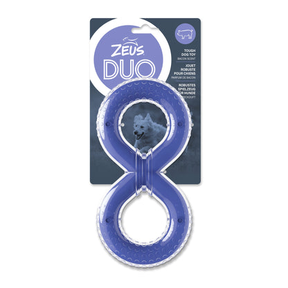 Blue and clear dog toy with 'ZEUS DUO' branding on a white background at Harmony Pet Supplies Scarborough